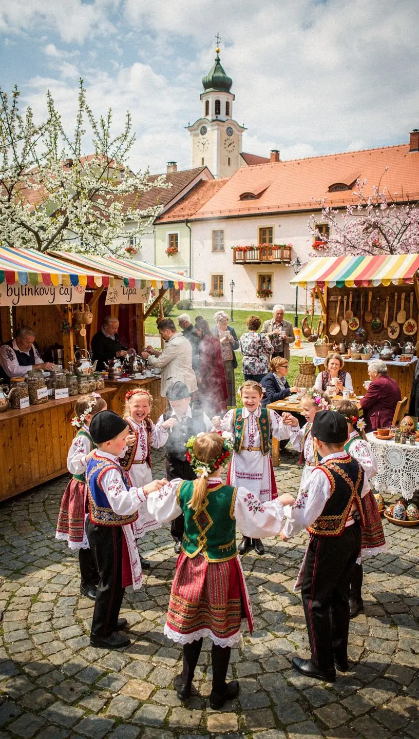 Záber na čajové lístky rozložené na stôl, s pozadím prírodnej scenérie.